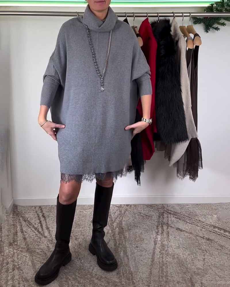 Lena | Träger Spitze Netz Kleid Anzug Hoher Kragen Fledermausärmel